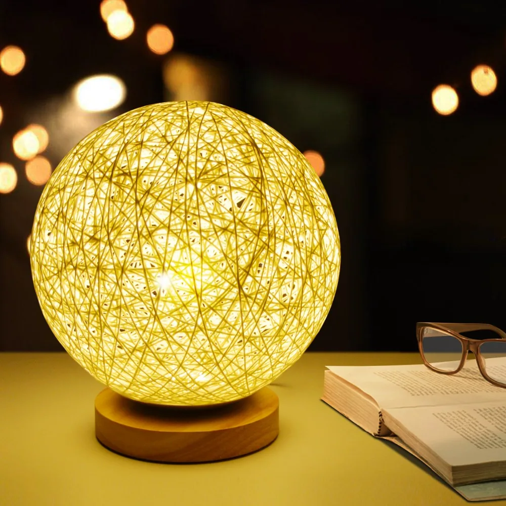 220V EU Plug Wicker LED Desk Table Lamp Light Dimmable Bedside lamp Bedroom Decoration Night light Creative Birthday Kids Gift