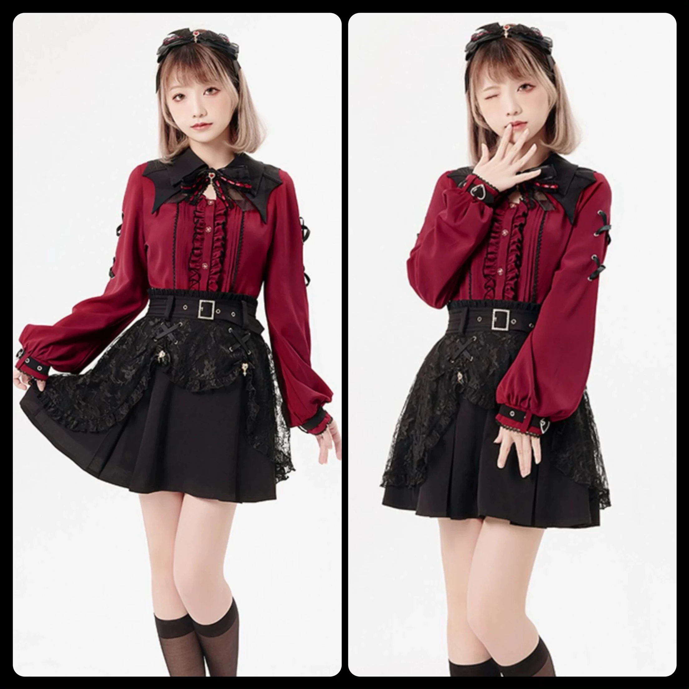 

Женская модная блузка в стиле Лолита с кружевным воротником и длинными рукавами, черно-красная, приталенная, для повседневной носки