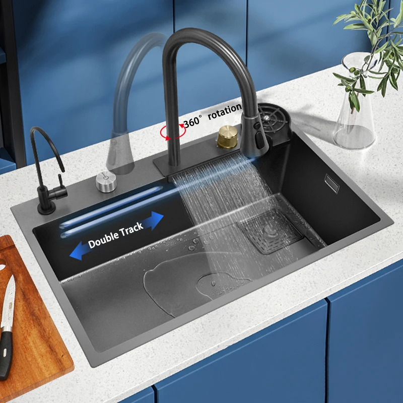 Imagem -03 - Waterfall Faucet Topmount Single Bowl Lavatório com Tábua de Cortar Acessórios de Drenagem Pia da Cozinha Aço Inoxidável 304 Nano