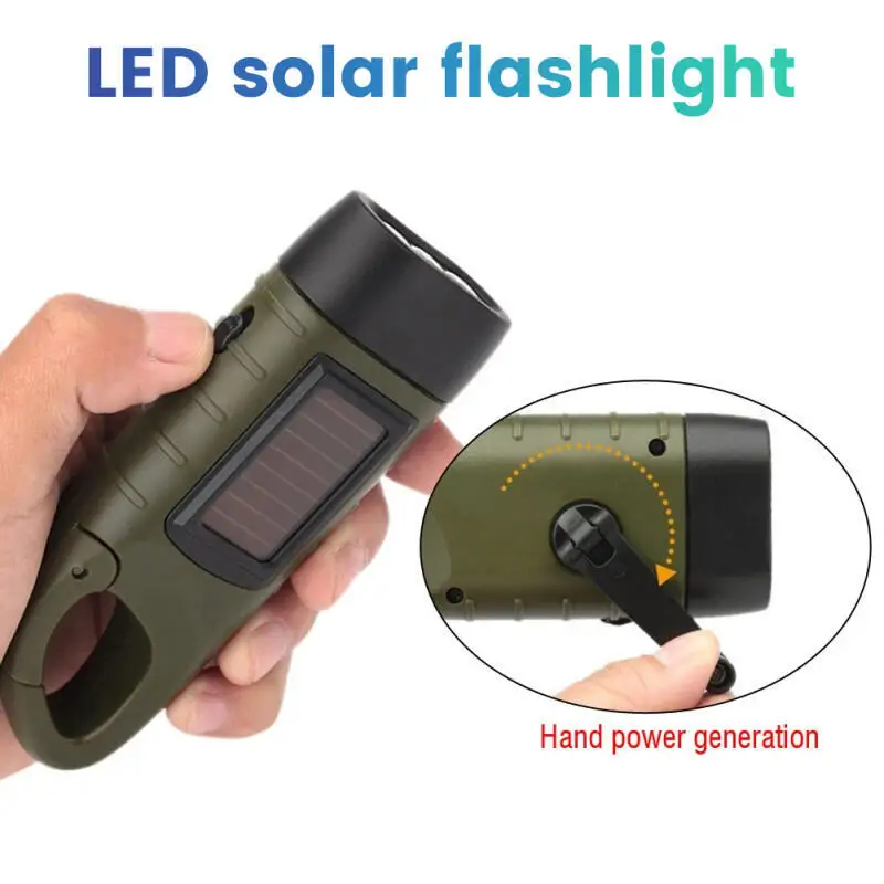 Hand Crank Solar Powered Rechargeable LED Flashlight for Survival Gear Self Powered Charging Torch for Fishing Boating Hiking Se