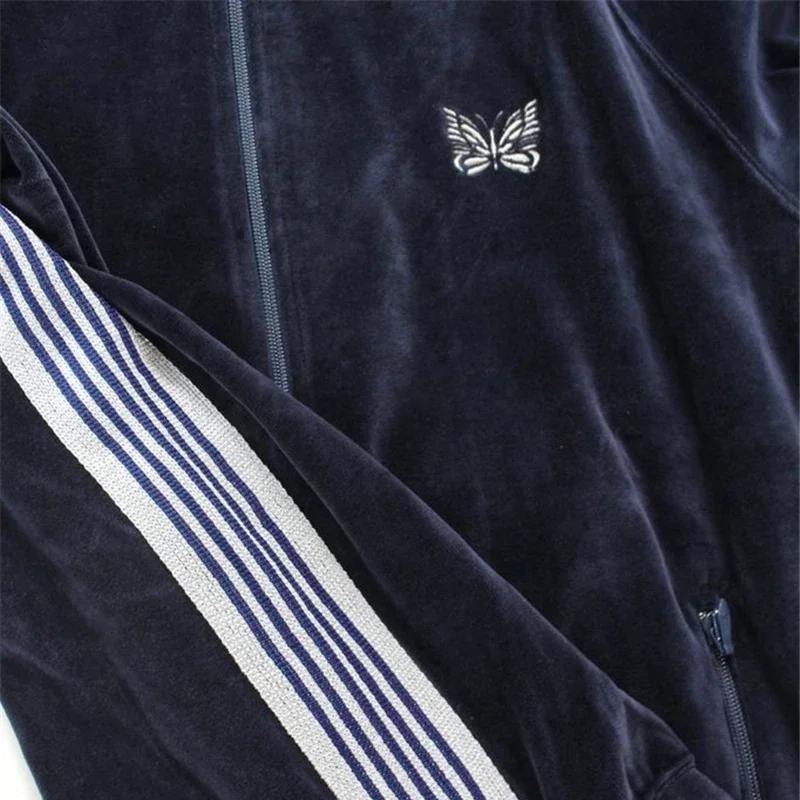 Cotton Velvet Long Sleeve Track Stripe White Butterfly Embroidery Lapel Collar Coat Oversize 1:1 Men Women Zipper Jacket