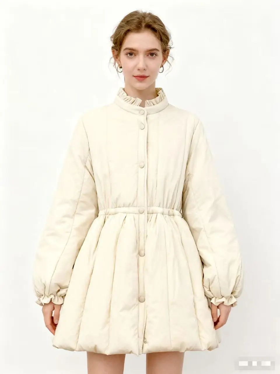 

Autumn Winter Cotton Jacket with Waist Drawstring Wooden Button Trim Stand Collar Cotton Clothing for Women