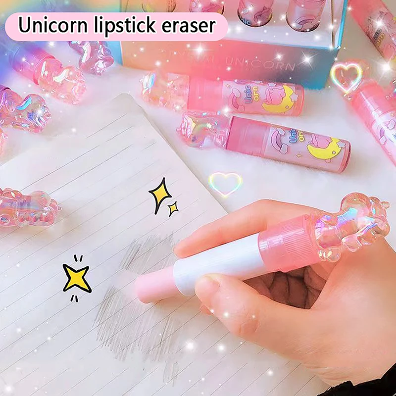 Kawaii Creative Lipstick Design Unicorns Rubber Erasers Student Correction Tool Kids School Office Supplies Stationery Gifts