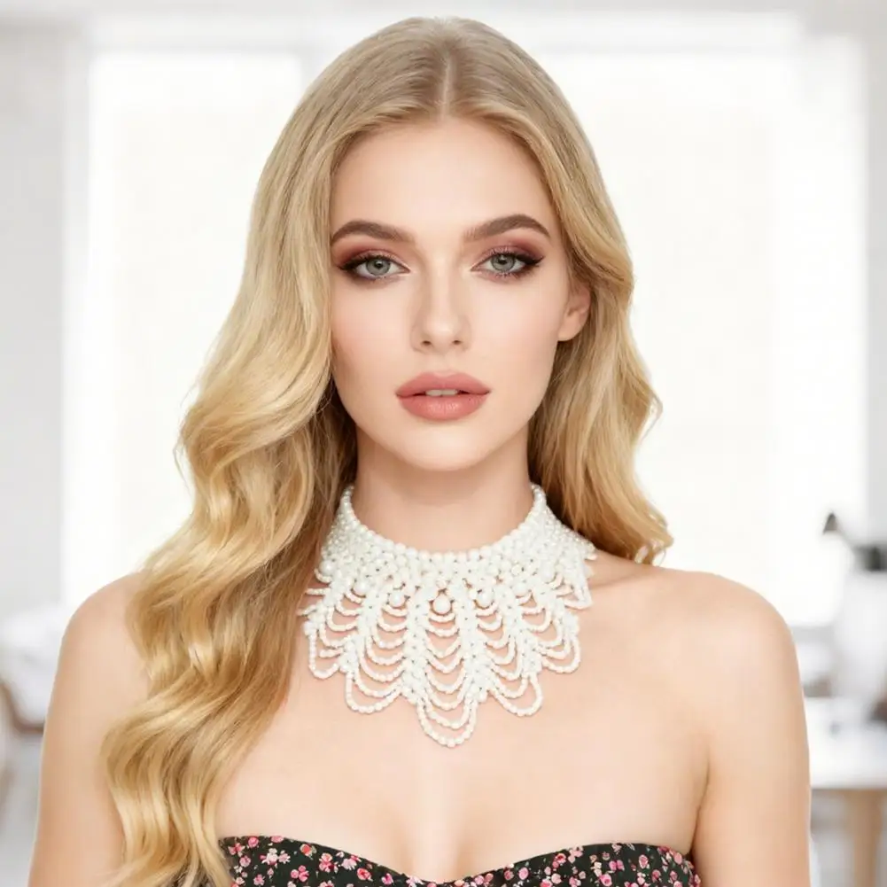 

Ожерелье с искусственным жемчугом и искусственным воротником, полый дизайн, многослойный съемный воротник, однотонные аксессуары для платья с жемчугом на шнуровке