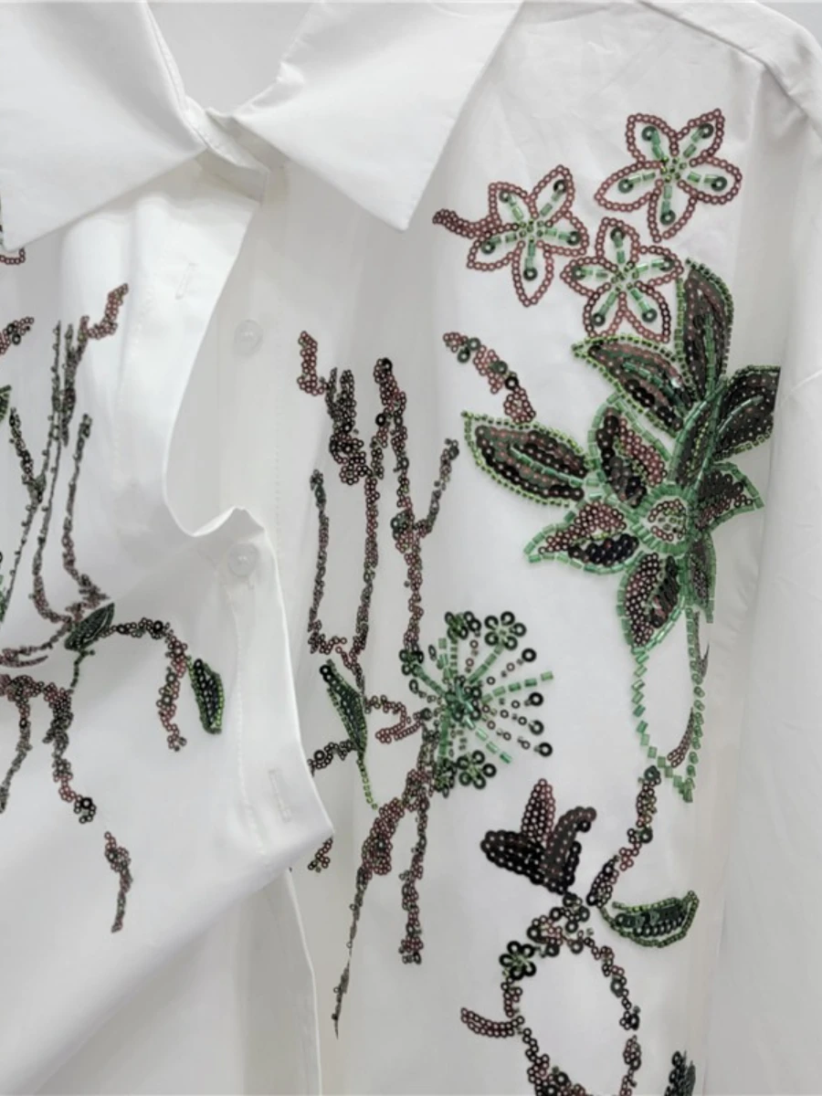 GALCAUR solide épissé paillettes chemise femme revers à manches longues conception ample tempérament femmes chemises automne mode nouveau Style