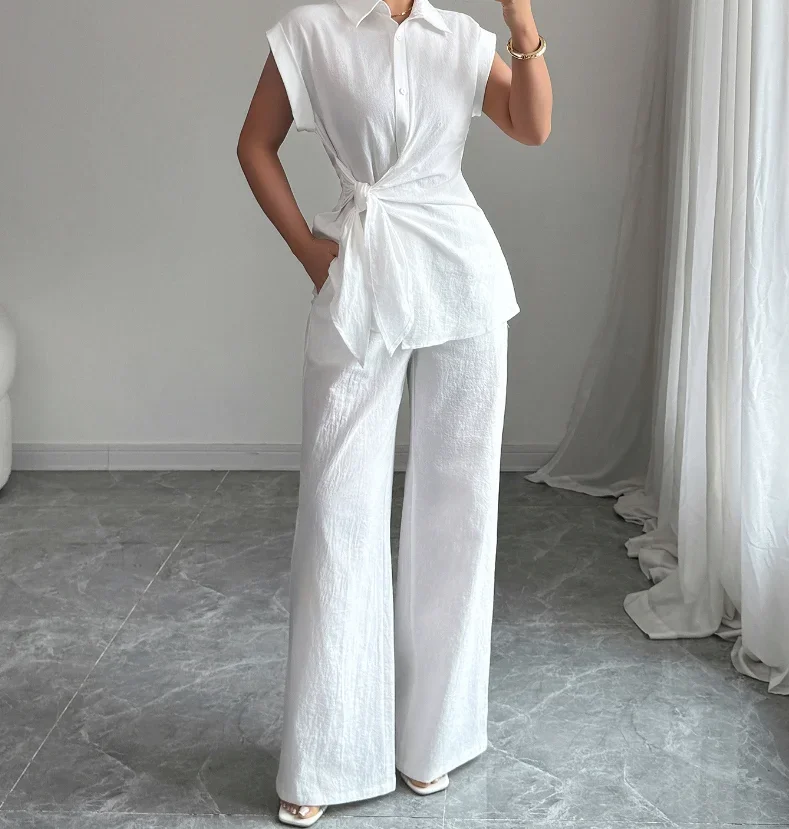 

Повседневные женские брюки, новинка лета 2025 года, однотонный комплект с отложным воротником и короткими рукавами на шнуровке, топ с высокой талией, комплект прямых брюк