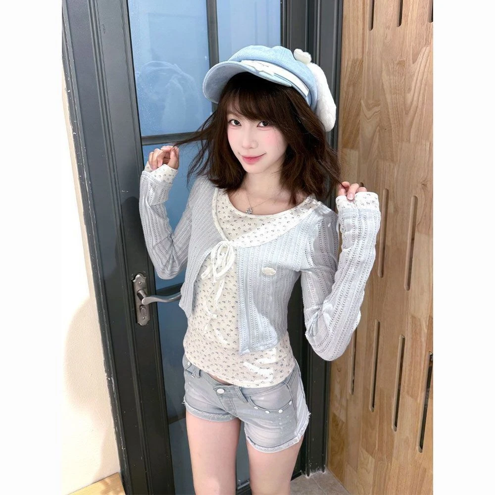 Blue Floral Print Knitted Mock Two-Piece Long Sleeve Women's Top Spring 2026 New Style Korean Atmosphere Inner Wear Shirt