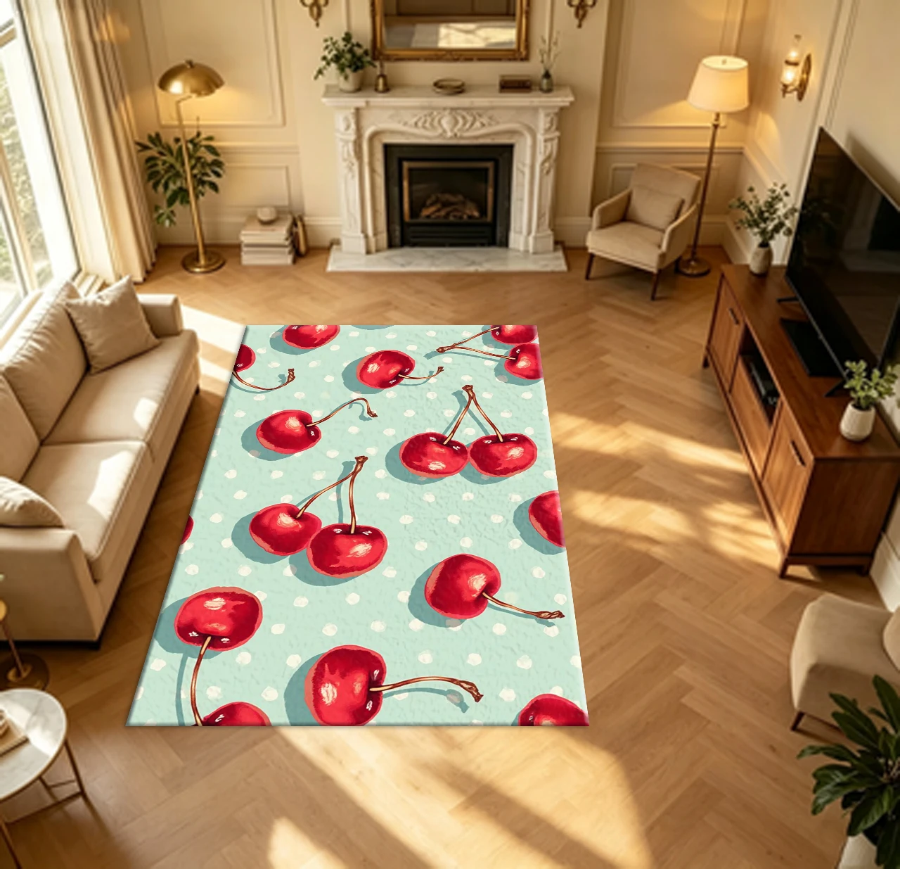 Cute Cherry Fruit Polka Dot Carpet Flooring Fresh Style Home Living Room Bedroom Area Rug Indoor Household Floor Mat