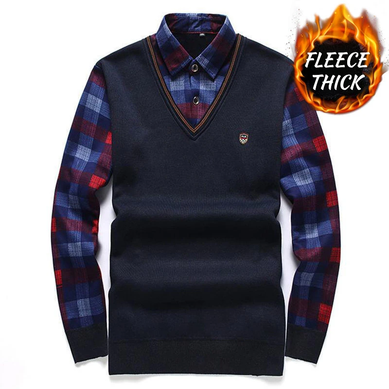 SHiONFA Herbst Winter Herren Langarm Pullover Shirts Gefälschte Zwei Stücke Pullover Fleece Dickes Hemd Gestrickte Casual Kleidung 4XL – Detail 2