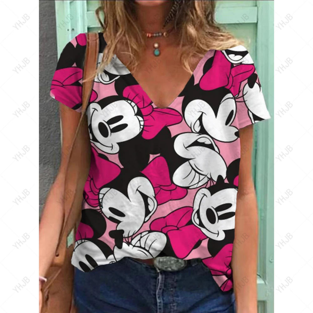 

Disney Women's 3D Mickey Mouse Tee Fashion V-neck Summer Short Sleeve Loose Streetwear Female Clothes Casual Tshirt Ladies ﻿