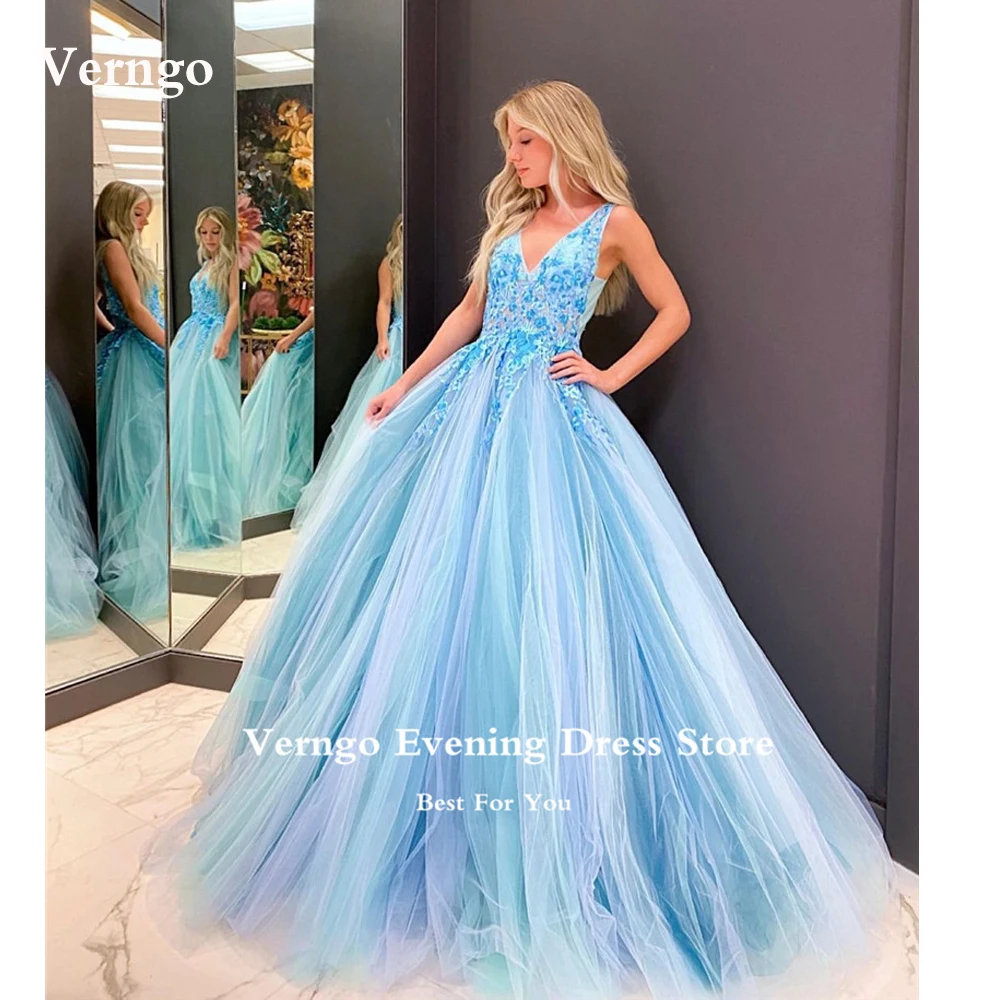 

Verngo Ice Blue Tulle Long Prom Dresses V Neck Applique Lace Flowers Evening Gowns Formal Princess Party Dress Graduation