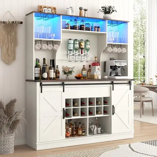 Farmhouse Coffee Bar Cabinet with LED Light, Charging Station & Sliding Barn Doors - 63