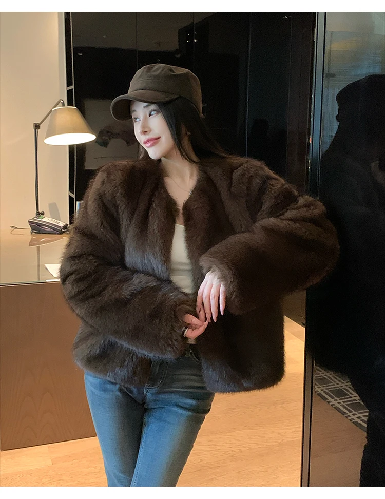 ZAROY 2027 Winter Faux Fox Fur Coat Chic Women Brown Luxury Fluffy Soft Warm Fur Jacket Fashion Colarless Cardigan Fur Outerwer