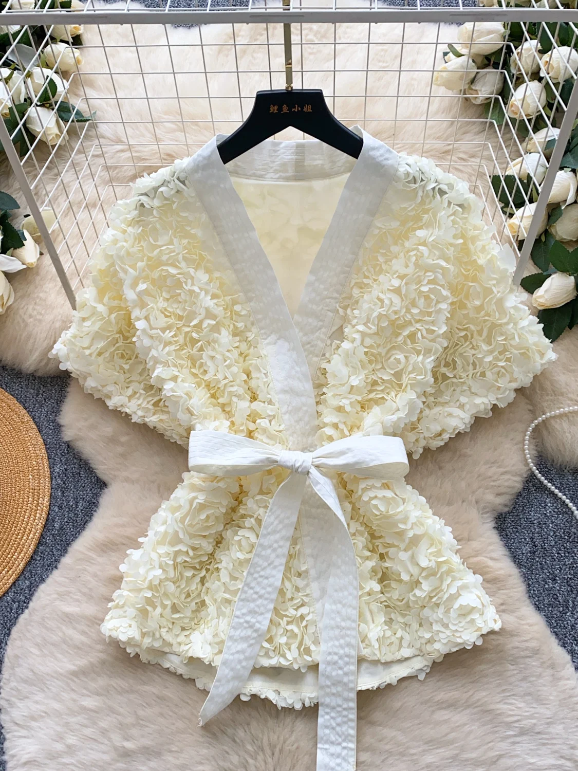 Ele Fene V-Ne خصر مربوط ثلاثي الأبعاد مزين بالدانتيل irt قميص نسائي أنيق أنيق كوري Sle فضفاض مناسب من ألياف البوليستر