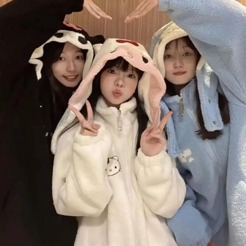 جديد المرأة مرحبا كيتي مقنعين البلوز شيربا معطف قبعة انفصال خريف شتاء كورومي سينامورول جاكيت زيبرا رشاقته الدافئة