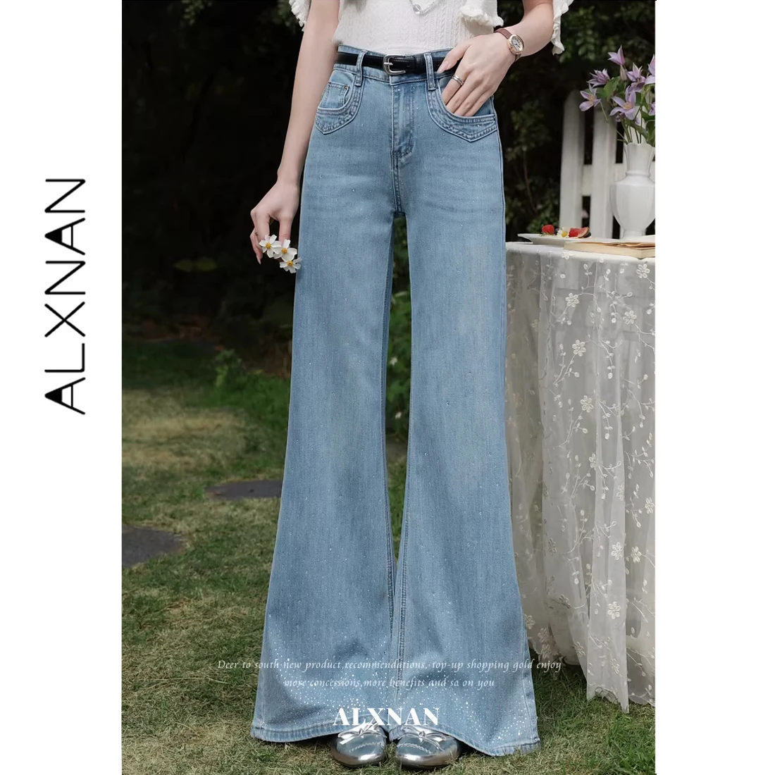 

ALXNAN Blue Jeans with Rhinestones Wide Leg Straight High Waist Casual Denim Pants Fashion Elegant Women's Baggy Jeans L62826