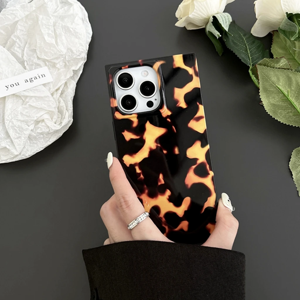 Originality Tortoiseshell Pattern Flame Grain Rectangle Cover Case For iPhone 16 15 14 13 Pro Max Phone Case