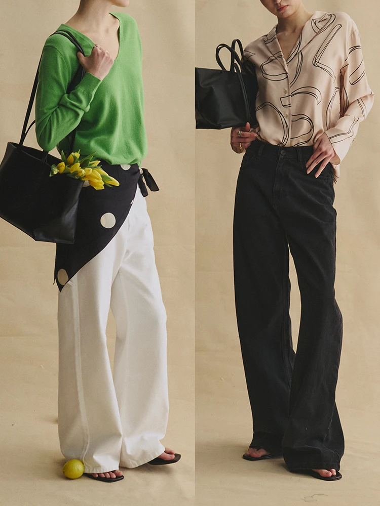 

Fashionable Straight Leg Jeans Ultra Model Loose Fit Back Foot Hidden Button Retro Style Casual Wear Cotton Ladies Jeans