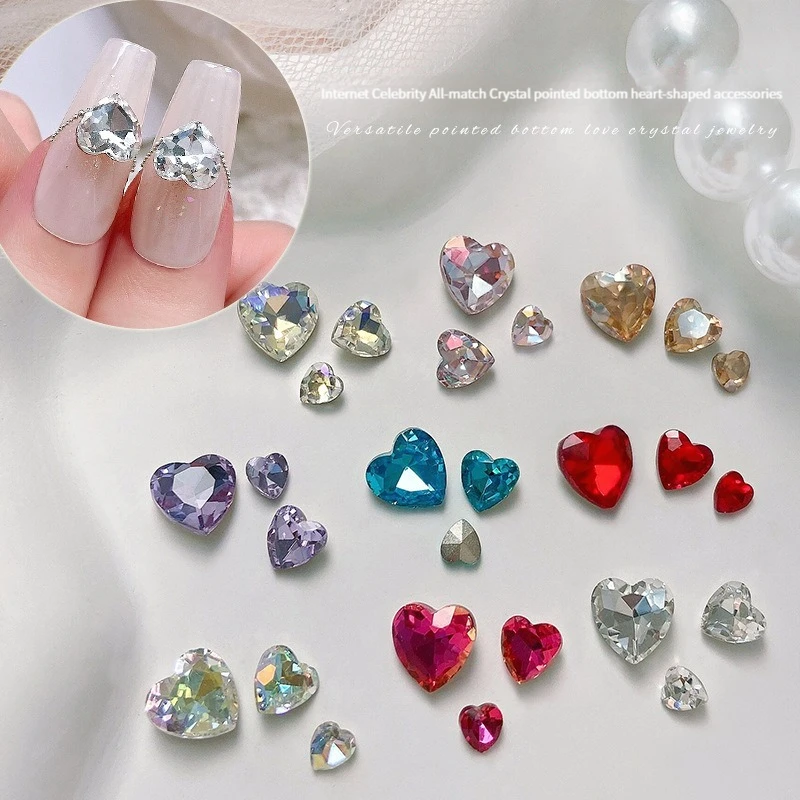 

12 Colors Available Three sizes Heart Nail Art Rhinestone Pointed Bottom Crystal For 3D Nail Decoration Jewelry Accessories10pcs