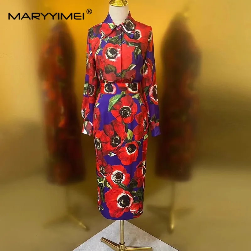 MARYYIMEI Spring Summer Fashion Silk Women\'s Suit Long sleeved Shirt top＋Red anemone print skirt silk Commuter Two Pieces Set