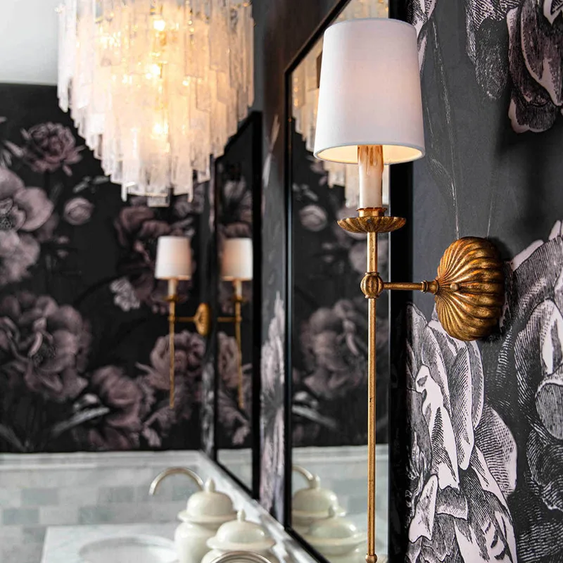 

American Retro Gold Foil Wrought Iron LED Wall Lamp Rotundity White Fabric Light Living Room Bedroom Restaurant Corridor Sconces