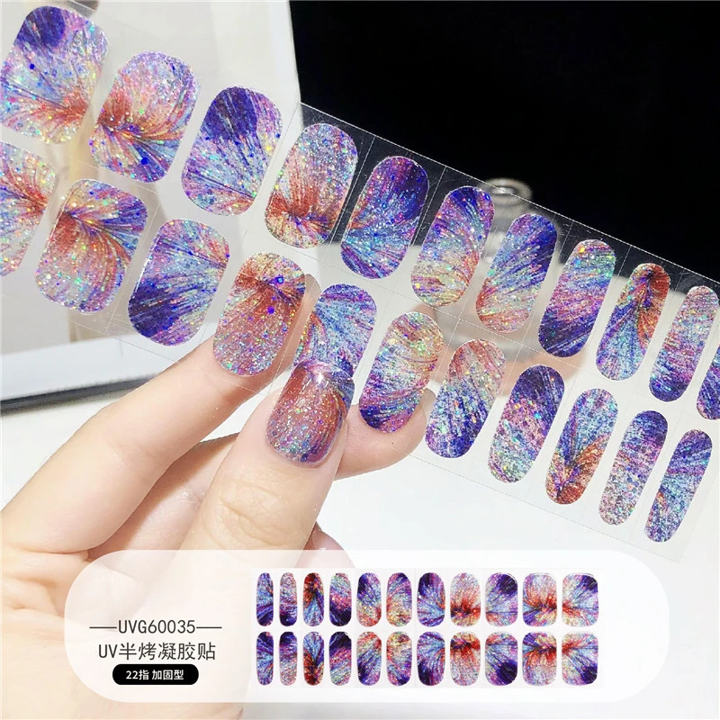 Fashion Glitter Nails Charm Stickers Semi Cured Gel Nail Stickers Wraps Gel Strips UV Lamp Need(Nail file, wooden stick)