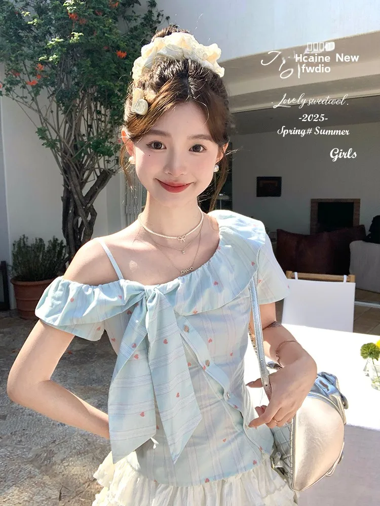 

Женская летняя повседневная дышащая хлопковая блузка с асимметричным вырезом на плече и полосками в корейском стиле