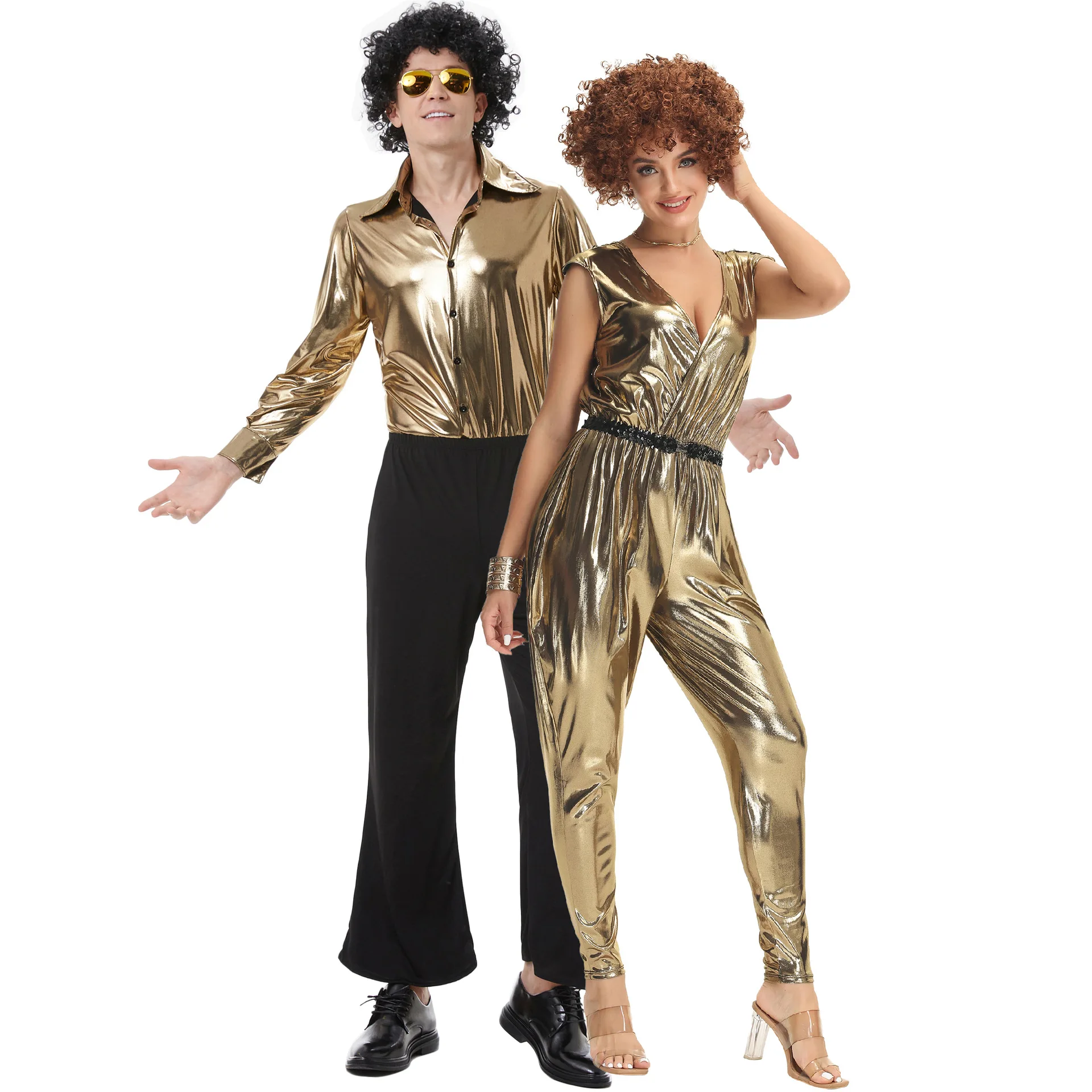

70s 80s Disco Couple Costume Gold Metallic Outfit Retro Hippie Disco Jumpsuit Shirt Bell Bottom Pants Halloween Costumes