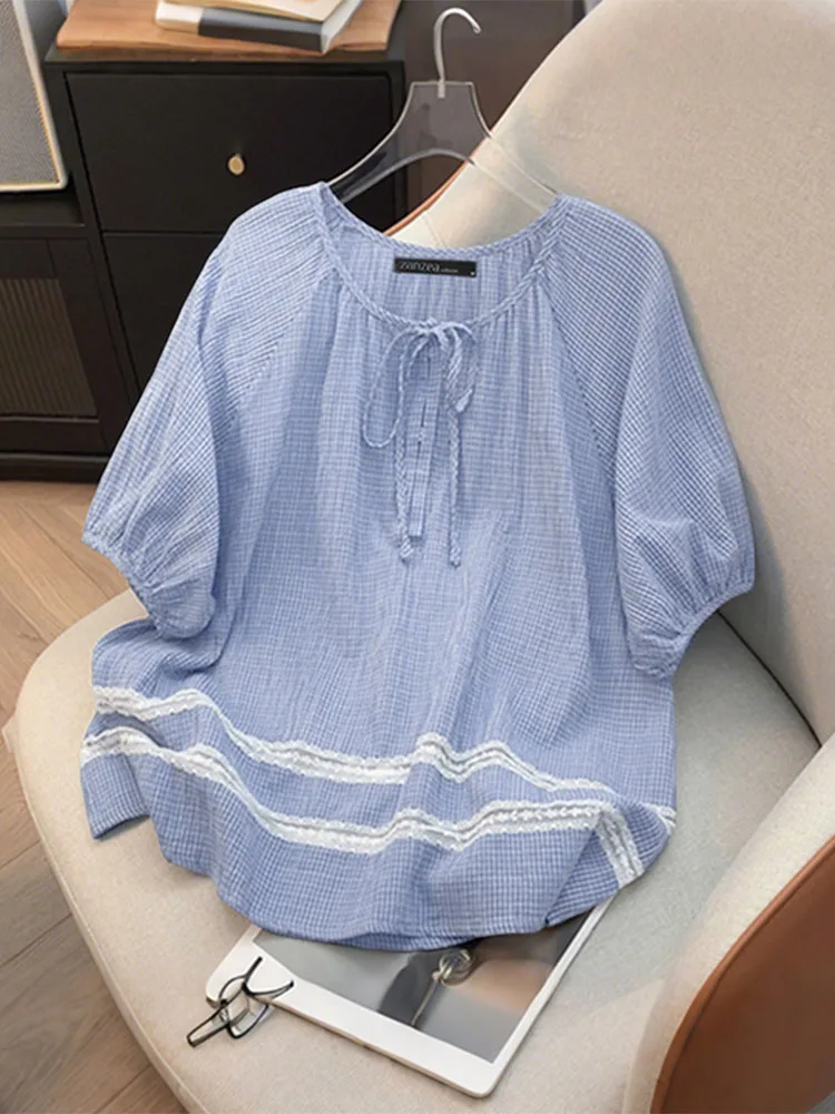 ZANZEA Vintage Blouse Women Plaid Blusas 2025 Casual Loose Short Sleeve Tops Fashion Lace Up Tunic Lace Patchwork Pullovers