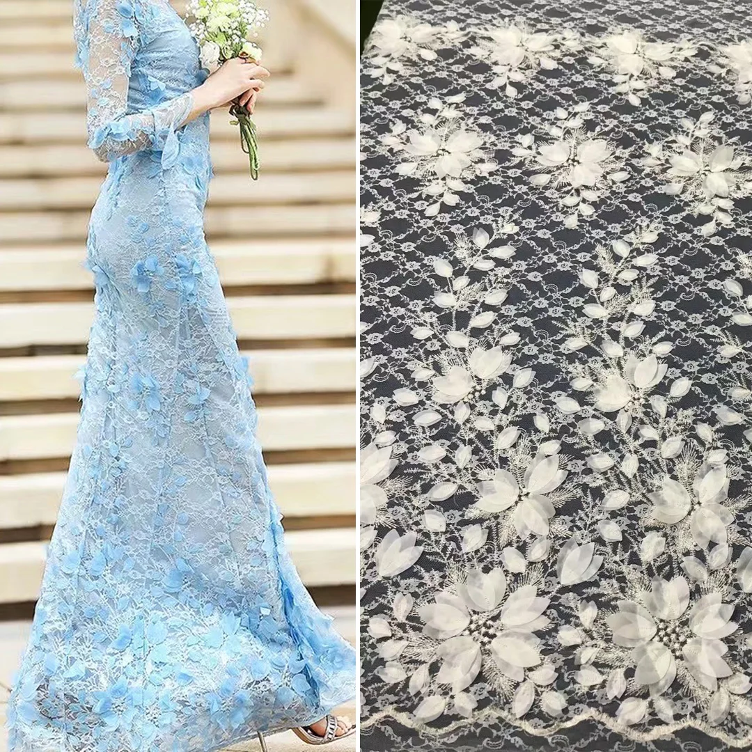 

2 colors(5yards/pc) High quality 3D flowers embroidered French net lace newest African wedding tulle lace for party dress FAX036