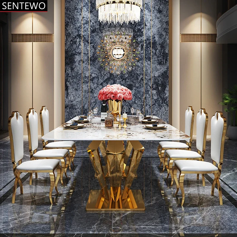 

Luxury Rock Slab Kitchen Dining Room Table and 8 Chairs Stainless Steel Gold Base Faux Marble Table Furniture Mesa Escritorio