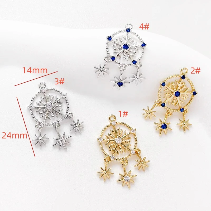 2 Pieces Brass Coated with Gold Zircon Inlaid Hollow Snowflake Shaped Pendant DIY Produces Materials for Jewelry Accessories