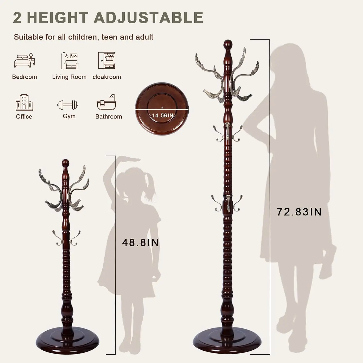 Heavy Duty Wooden Coat Rack Stand with 14 Hooks & Sturdy Round Metal Base for Jacket Hat Bag Clothes, Customized