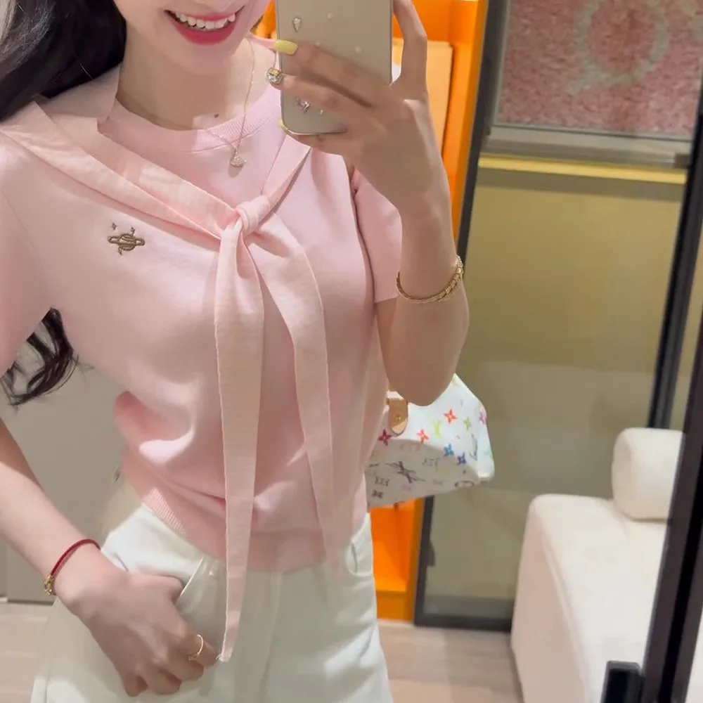 

Women Clothing Korean Fashion Embroidery Short Sleeve T-shirt Thin Casual Bow Slim Tops Pullovers