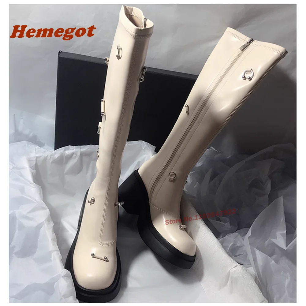 Black Boots Piercings Aged-Silver Studs Buckles Platform Beige Side Zip Chunky Heels Knee High Boots for Women Winter Thick Sole