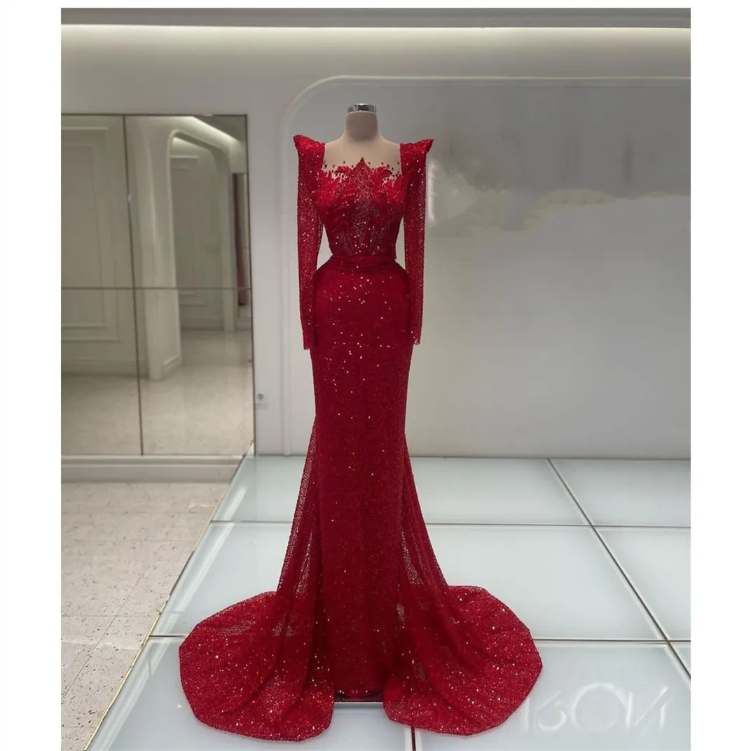 Red Evening Dresses Long Sleeves V Neck Portrait Sequins Appliques Beaded 3D Lace Beaded Prom Dresses Prom Dress Custom Made