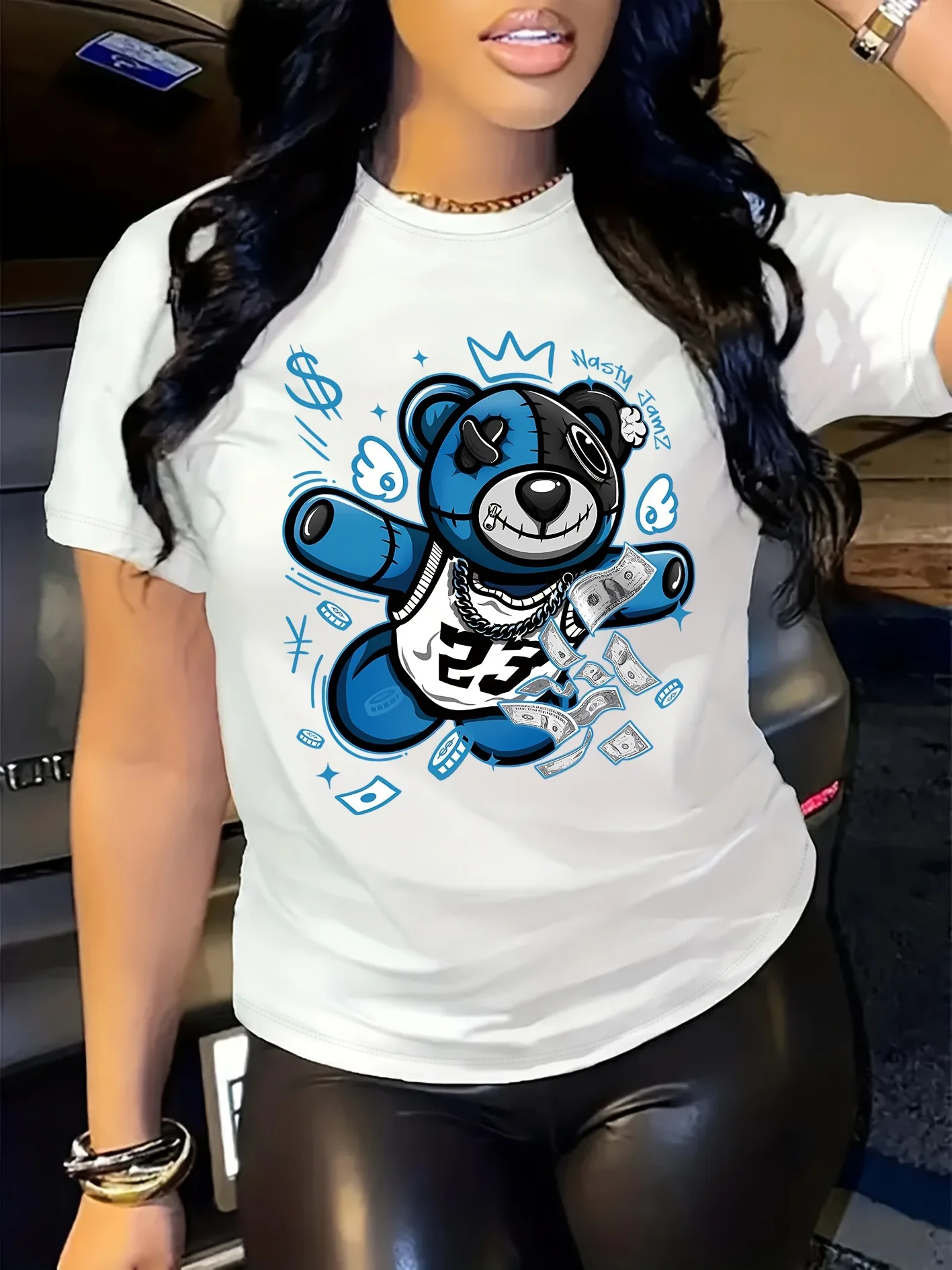 Cartoon Bear Money Print T-shirt, Casual Short Sleeve Crew Neck Top For Spring & Summer, Women's Clothing