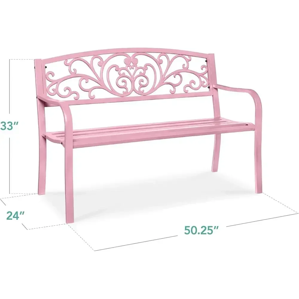 Pink Steel Outdoor Bench with Floral Design Backrest and Slatted Seat for Garden, Patio, Porch, Lawn, Park, and Deck