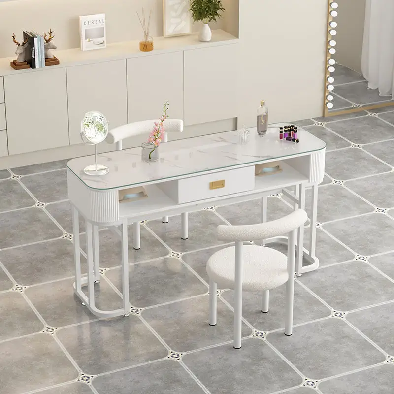 Marble Nail Table with Locker Modern Design Luxury Nail Salon Beauty Salon Chair Set Wood Material