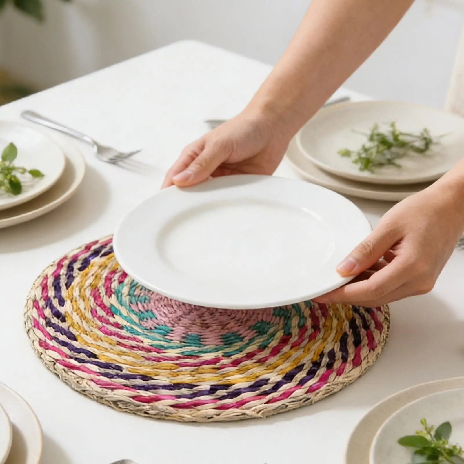 Non-Slip Bohemian Style Table Woven Placemats Polyester Round Mat 20cm Seagrass Placemat Rattan Placemats Straw Tea Cup Mat