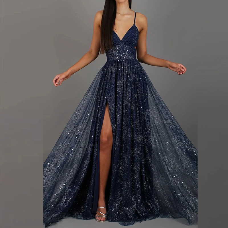 فستان صيفي كاجوال شبكي مطوي بتصميم بسيط، تنورة طويلة نسائية لامعة بخصر مرتفع، فستان حفلات مثير بياقة على شكل V وظهر مكشوف