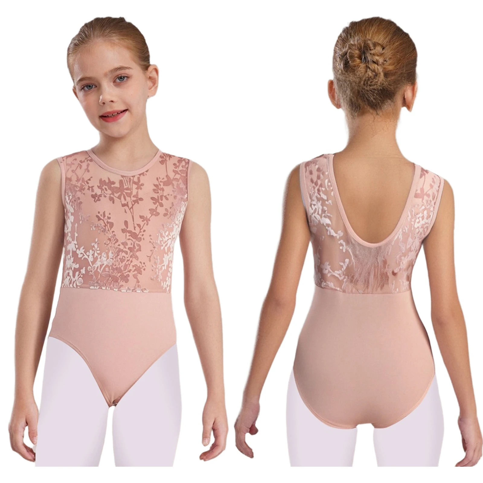 

Child Girls U-Back Sleeveless Velvet Printed Leotard Bodysuit Performance Costume for Ballet Gymnastics Figure Skating Practice
