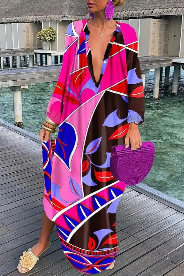 Elegant Women\'s Dresses 2024 Summer Casual Fashion Print V-Neck Loose Retro Comfortable Maxi Dress Female Robe Vestidos S-3XL