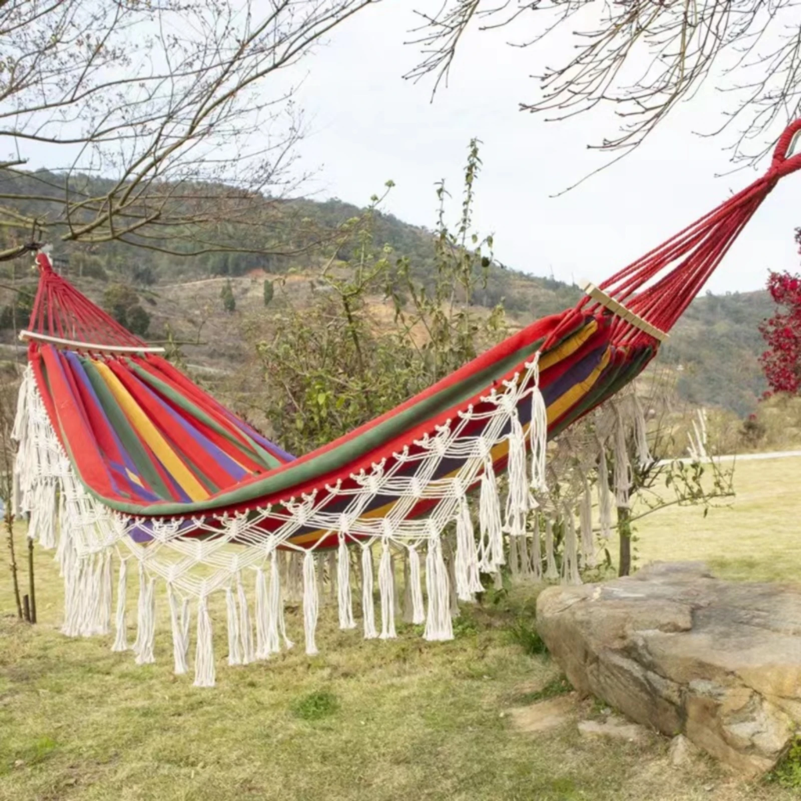 Double Hanging Lounger Wooden Spreader Rods Macrame Hanging Lounger Hanging Lounger Woven Canvas Outdoor Furniture Boho Design