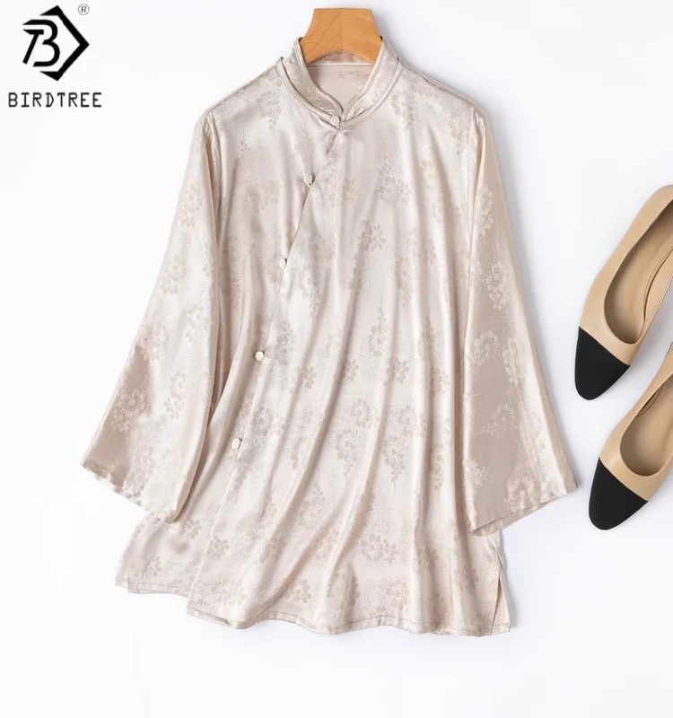 

Birdtree 20MM 93% Mulberry Silk 7% Spandex Cheongsam Blouse,Women Jacquard Plain Satin Shirt,2025 Autumn Button CardiganT59642JF