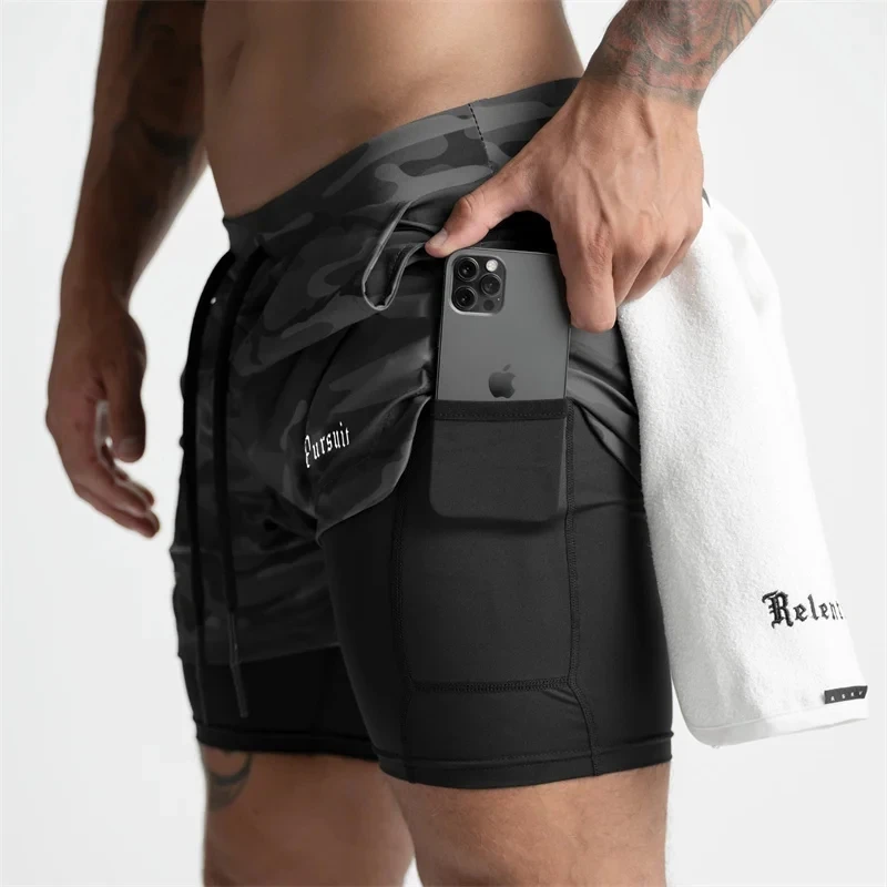 Double-deck camouflage men shorts gyms fitness pants summer running training woven shorts men quick drying 2 in 1 sports shorts
