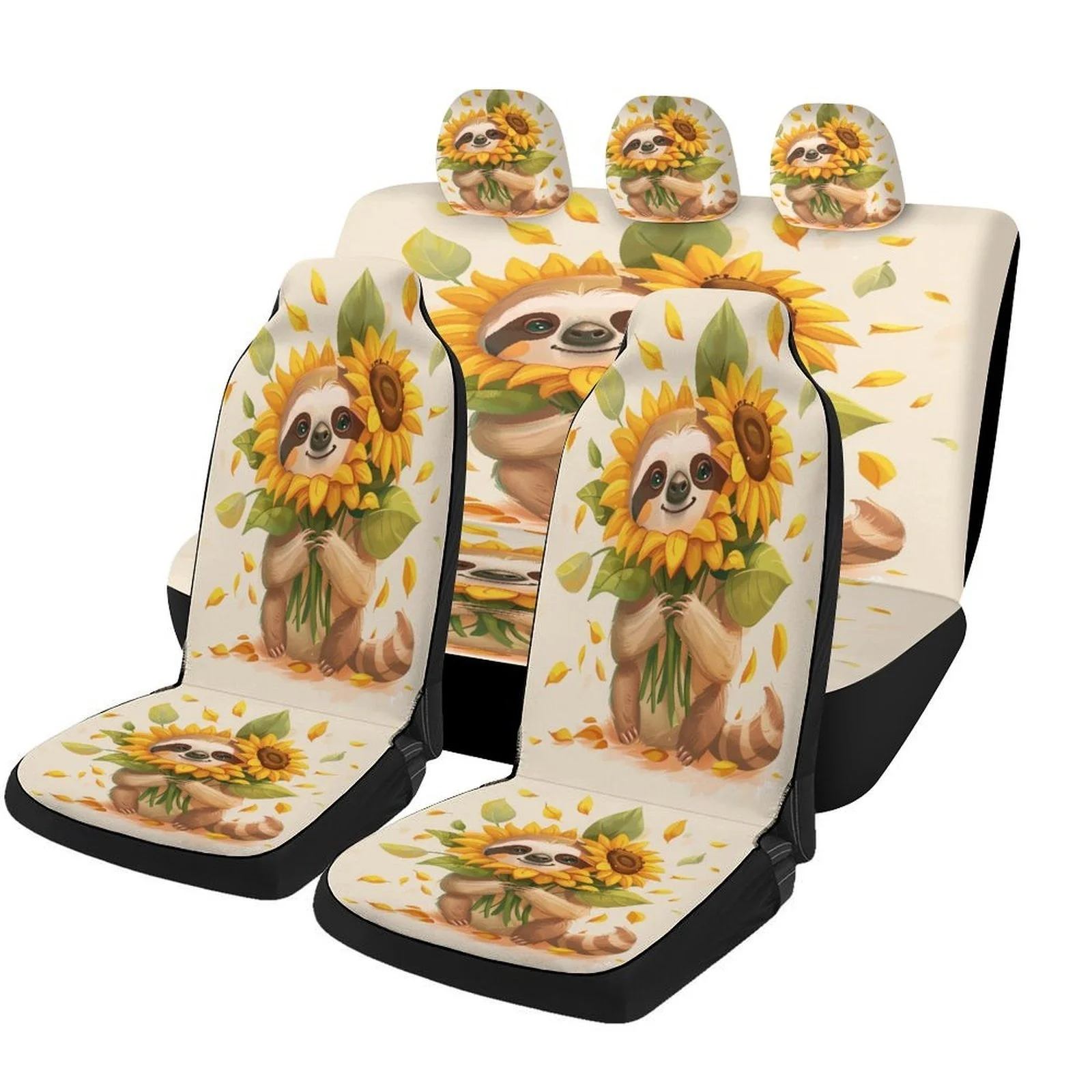 Sunflower Sloth Designed Car Seat Covers Set For Most Cars, Trendy Breathable Decorative Car Seat Protector Covers Full Set, Uni