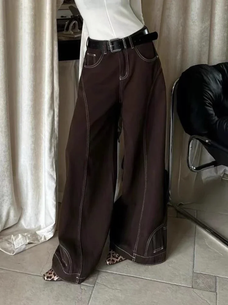 

Fmxiers винтажные коричневые широкие джинсы женские Y2k High Street мешковатые джинсовые брюки гранж хип-хоп американские ретро джинсы большого размера