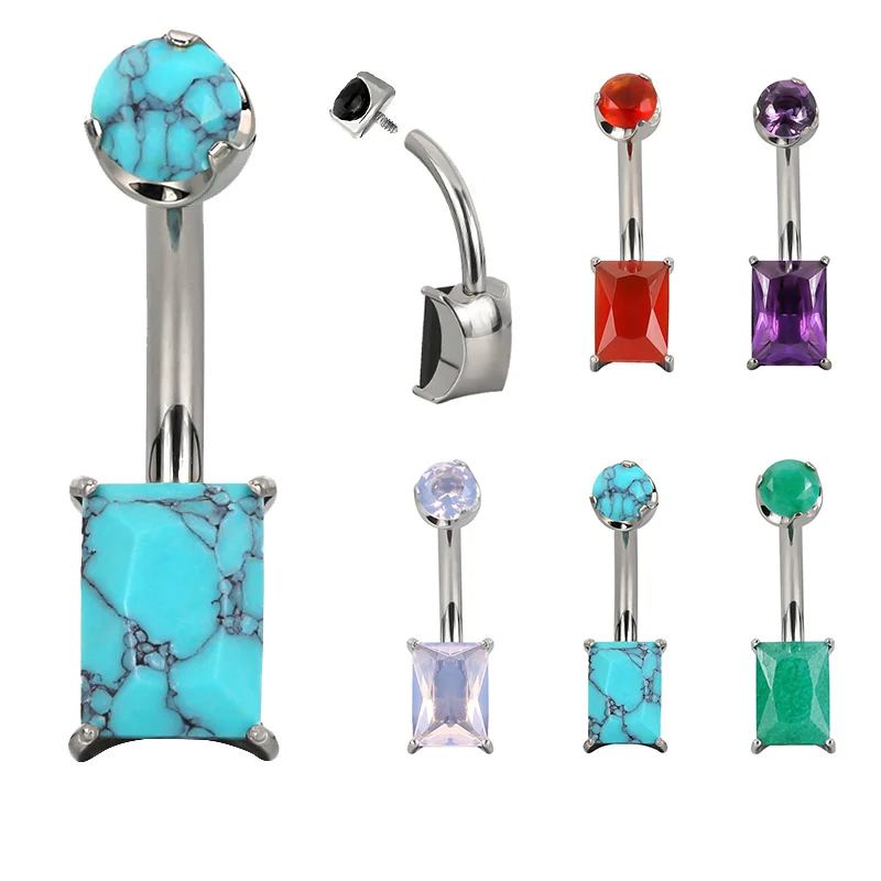 

ASTM F136 Titanium 14G PIERC Rectangle Navel Ring Natural Stone Paved Top Threaded Belly Piercing Belly Button Ring Body Jewelry