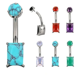 ASTM F136 Titanium 14G PIERC Rectangle Navel Ring Natural Stone Paved Top Threaded Belly Piercing Belly Button Ring Body Jewelry